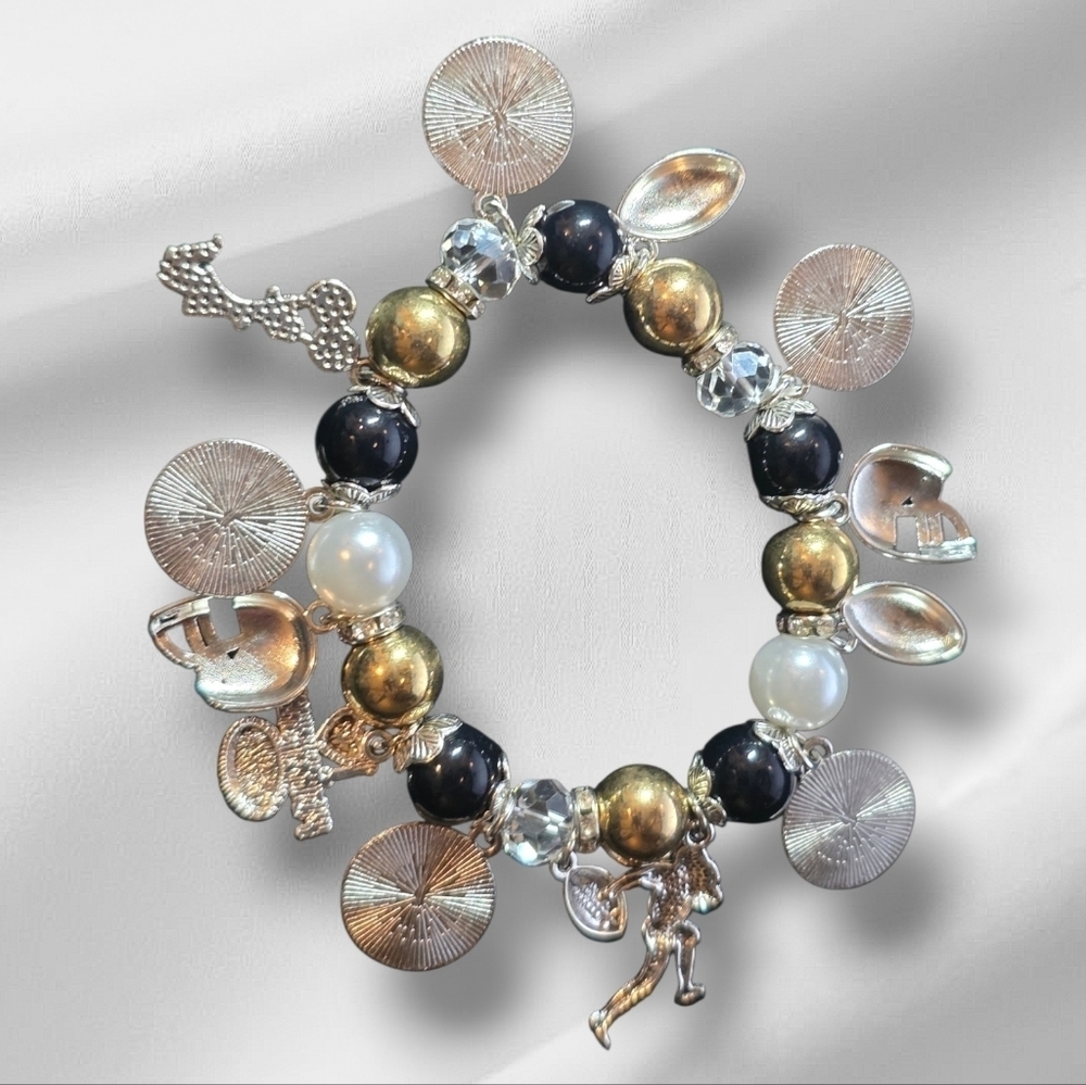 New Orleans Saints Charm Stretch Bracelet - Black, Gold, Silver - Picture 2 of 3